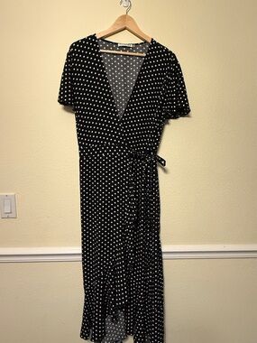 Black and White Polka Dot Wrap Midi Dress with Tie Waist
